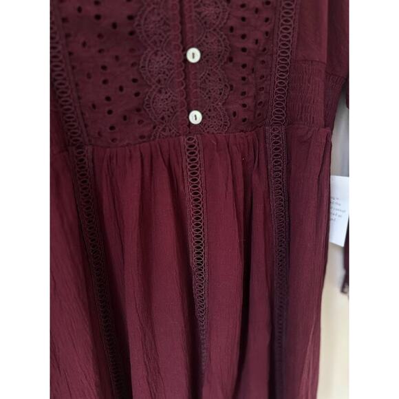 Bohme Plum Mini Dress Lace Eyelet Prairie Cottagecore Medium Long Sleeve Raw Hem - Picture 3 of 11